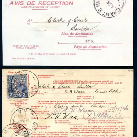 1936 (1st Dec) A.R. card from Clerk of Courts ...