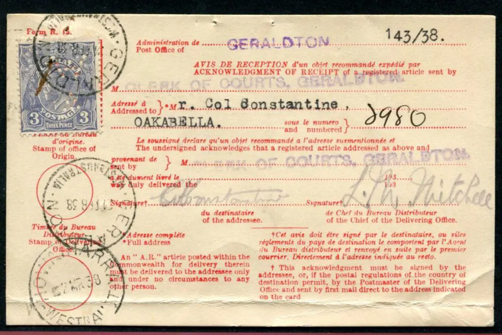 1938 (24th Feb) A.R. card from Clerk of Courts ... Image 1++