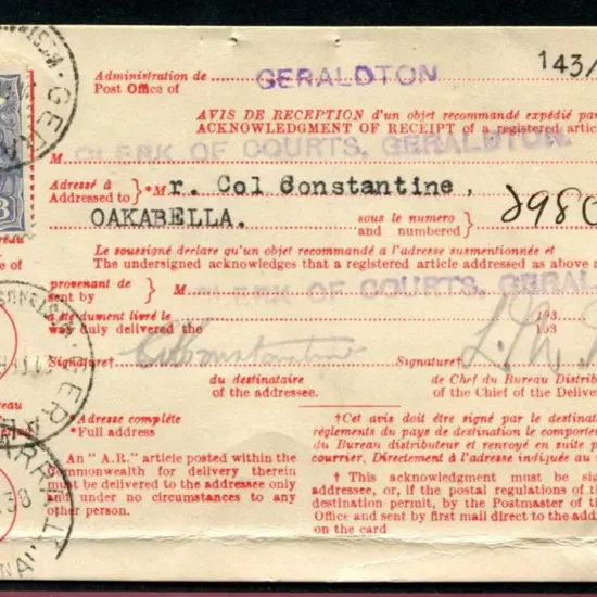 1938 (24th Feb) A.R. card from Clerk of Courts ...