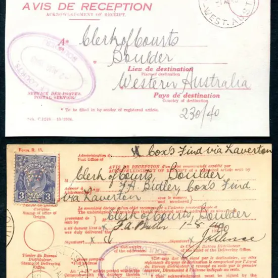 1940 (2nd Aug) A.R. card from Clerk of Courts, ...