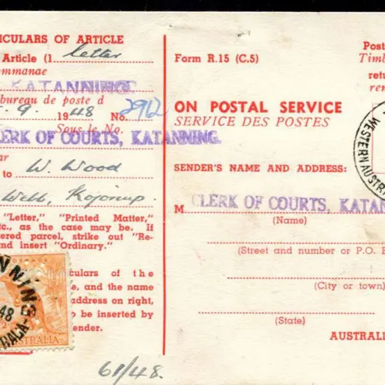 1948 (15th Sep) AR card from Clerk of Courts ...