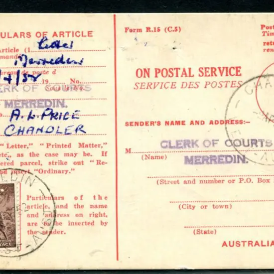 1952 (9th Apr) AR card from Clerk of Courts ...