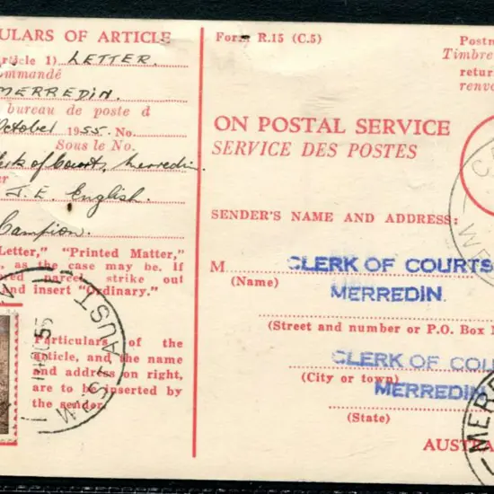 1955 (14th Oct) AR card from Merredin to Campion ...