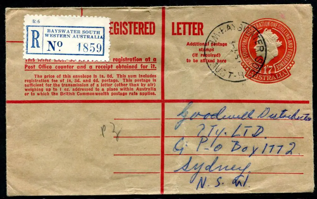 1959 (13th Jun) 1/7d QEII embossed Registered ... Image 1++