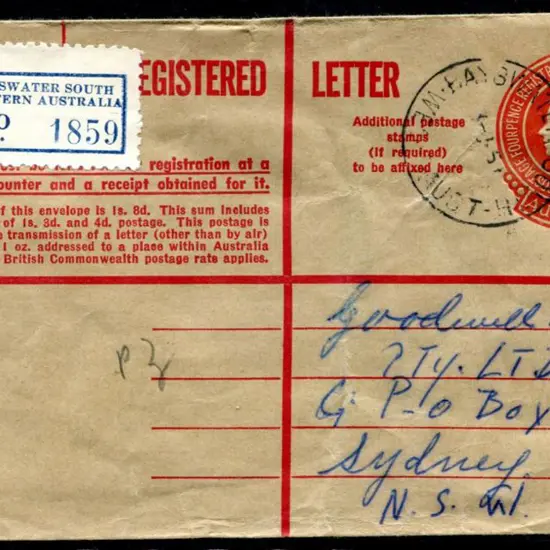 1959 (13th Jun) 1/7d QEII embossed Registered ...