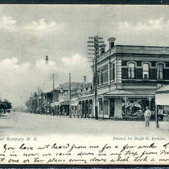 "Main Street Bunbury W.A." b&w with text in blue. ...