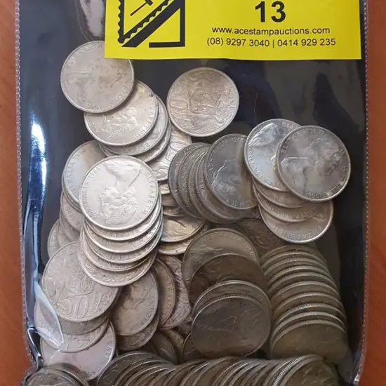 1966 50c round coins x 100 in tin. (100)