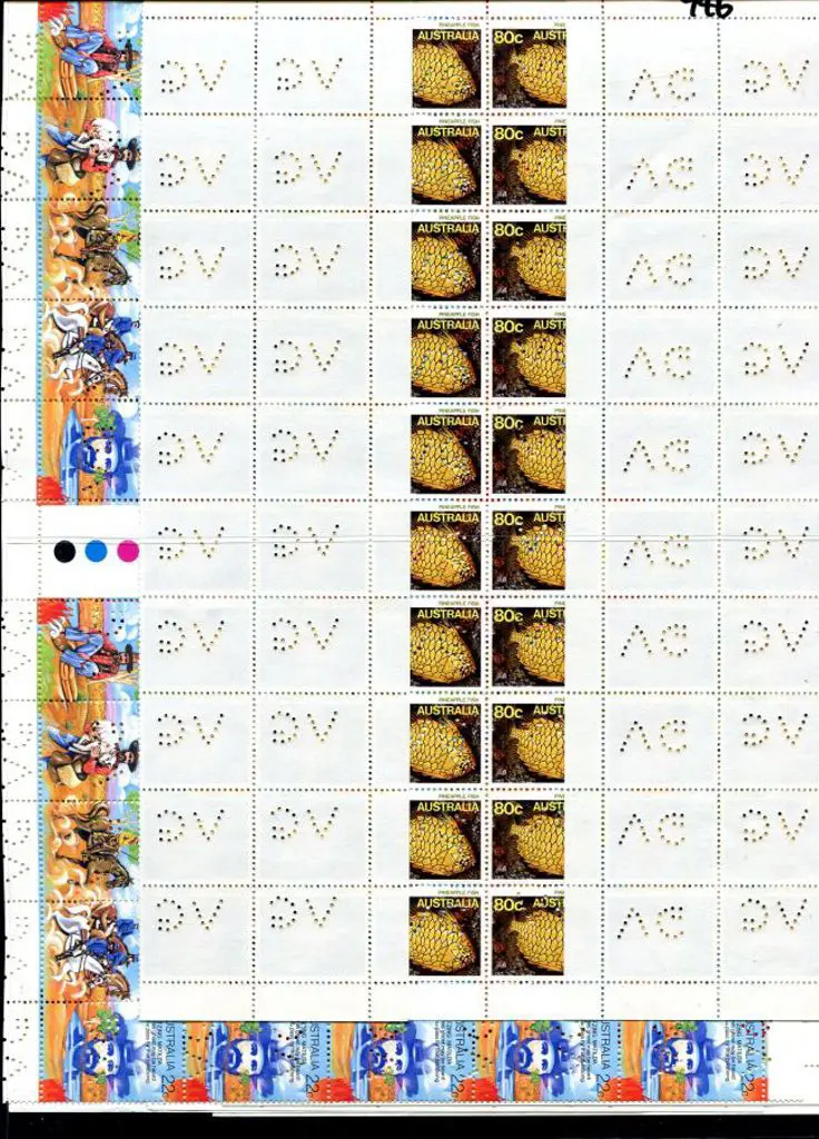 Perfins 1979 1c, 2c 10c & 20c Birds in ½ sheets, ... Image 1++