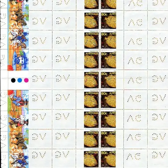 Perfins 1979 1c, 2c 10c & 20c Birds in ½ sheets, ...