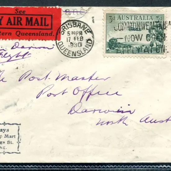 1930 (17th Feb) Brisbane to Darwin via Camooweal & ...