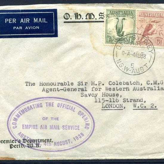 1938 (4th Aug) Australia to England OHMS ...