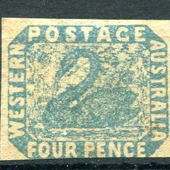 1854 4d blue swan with the "T" of "Postage" shaved ...