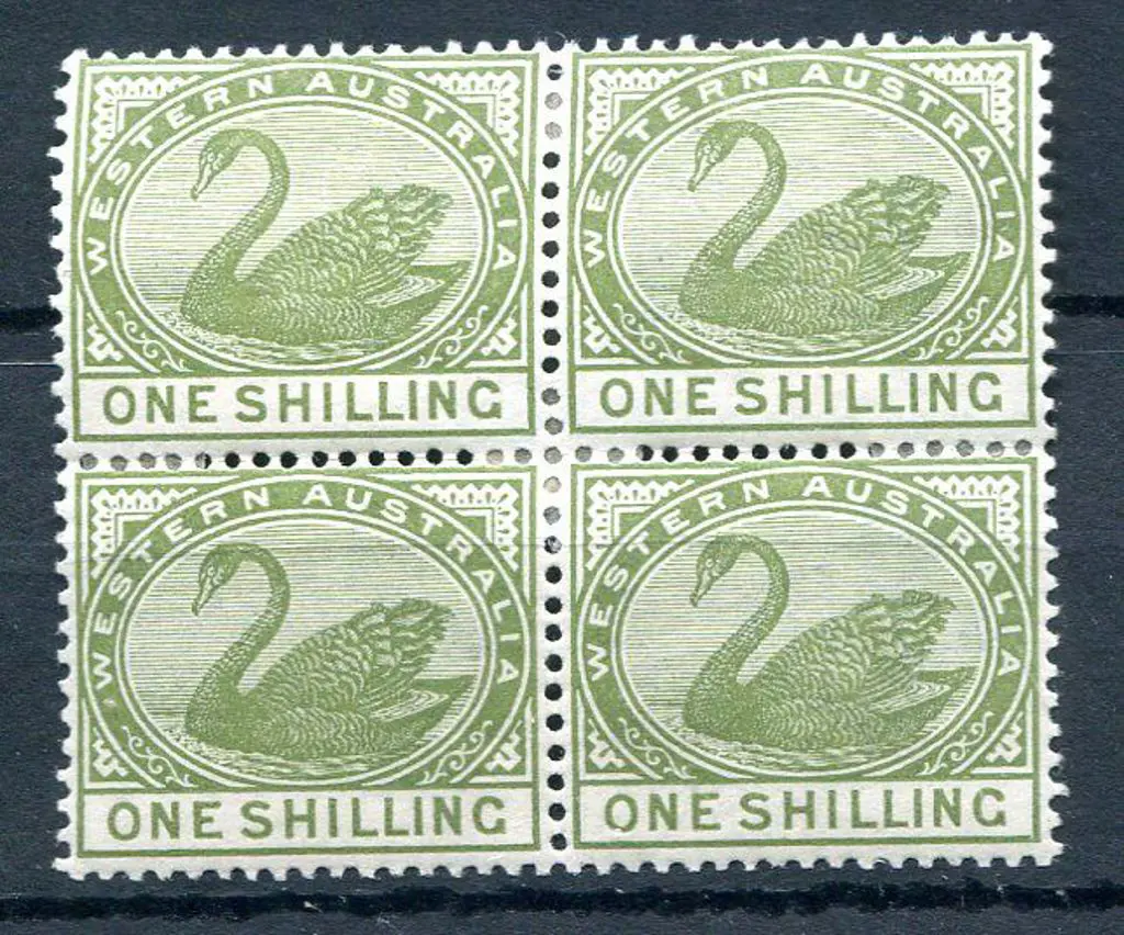 1885 1/- olive-green block of 4 with each stamp ... Image 1++