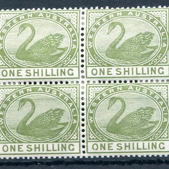 1885 1/- olive-green block of 4 with each stamp ...