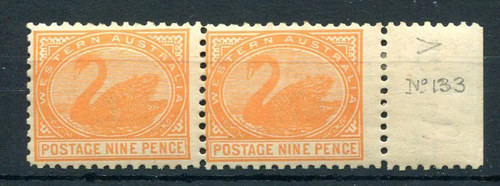 1902 9d yellow-orange marginal pair. MVLH, even ... Image 1++
