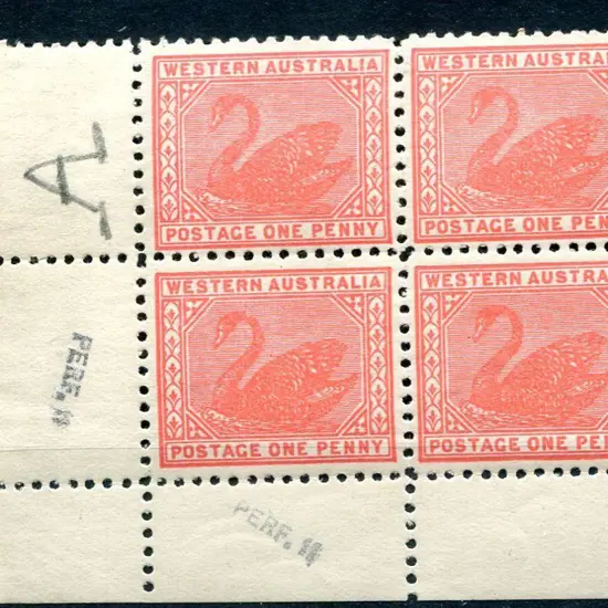 1908 1d rose-pink in lower left corner block of 4. ...