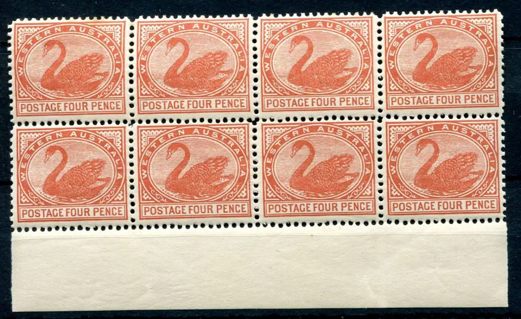 1910 4d bright brown-red in lower selvedge block ... Image 1++