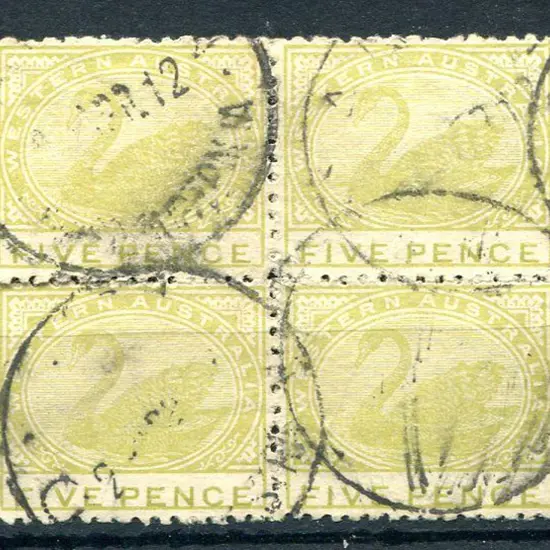 1912 5d pale greenish yellow. Used block of 4 with ...
