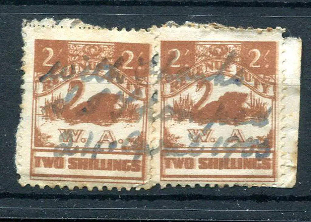 1941 2/- brown Revenue Duty swans x 2 with clear ... Image 1++