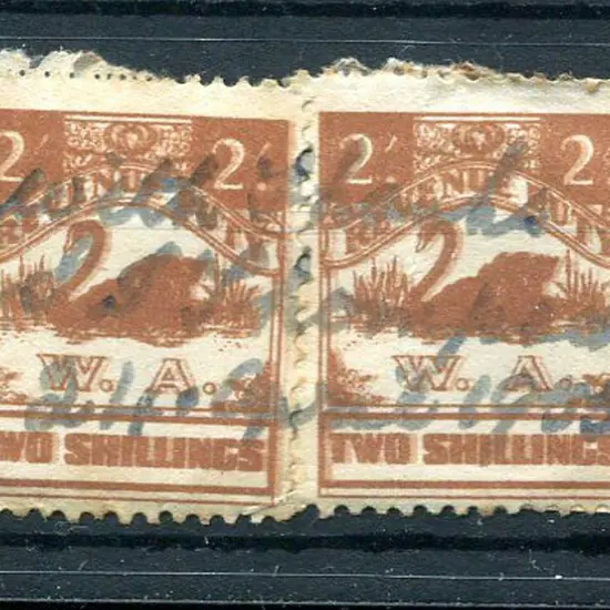 1941 2/- brown Revenue Duty swans x 2 with clear ...