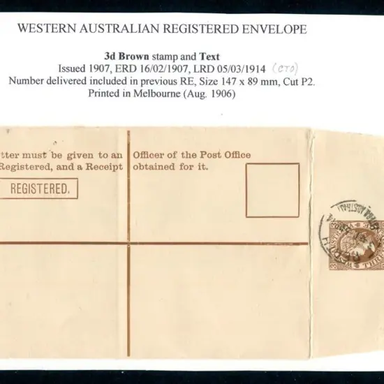 1906 3d stamp & text in brown Registered Env. ...