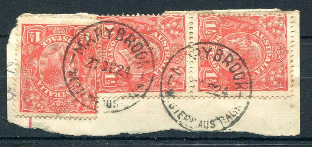 Marybrook A25 Two complete strikes on 3 x 1½d KGV ... Image 1++
