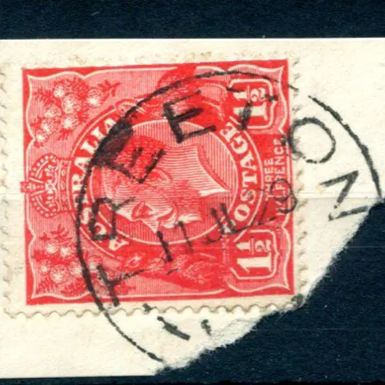 Treeton B28 80% strike on 1½ red KGV on piece for ...
