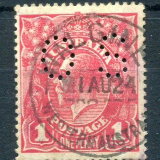 Walgine A25 85% strike on 1d red KGV perfined "OS" ...