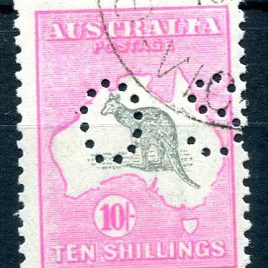 10/- grey & pink perfined small "OS" with "broken ...