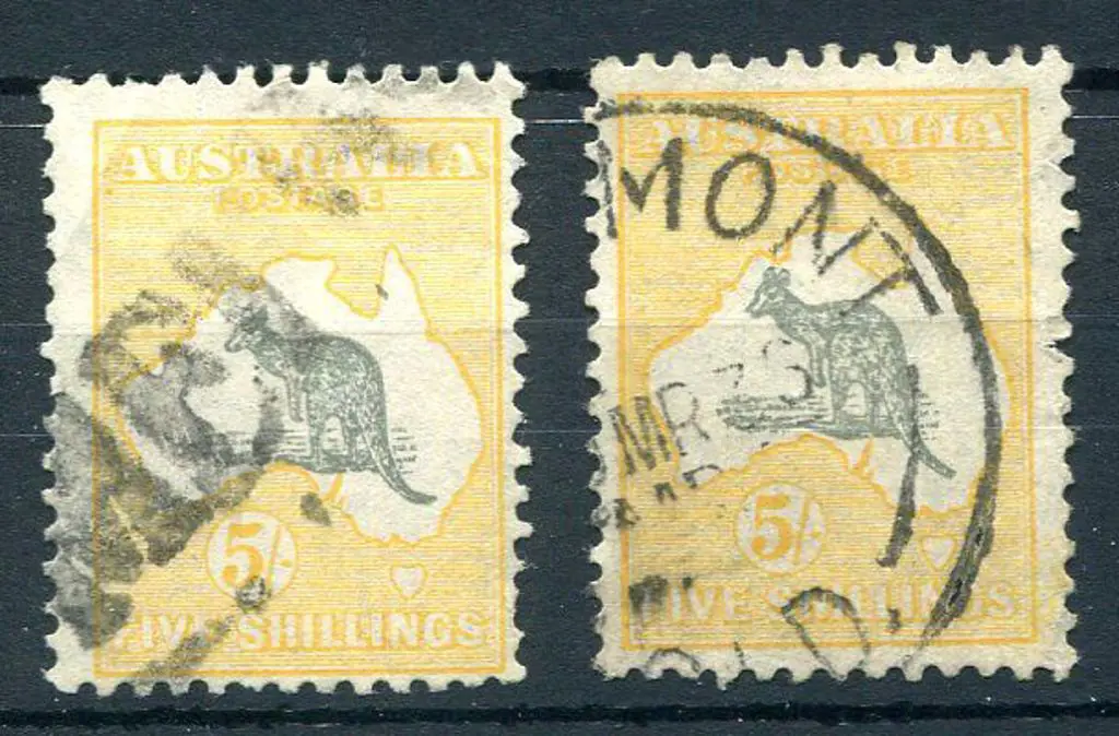 1931-47 CofA 5/- grey & yellow-orange x 2 with ... Image 1++