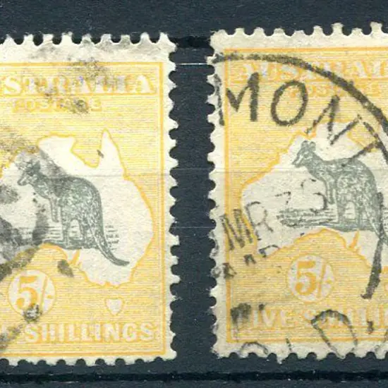 1931-47 CofA 5/- grey & yellow-orange x 2 with ...