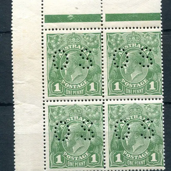 1924 No Watermark 1d green perfined "OS" marginal ...
