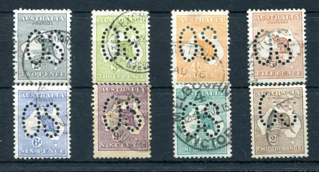1913 2d to 2/- kangaroos, 1st wmk, perfined large ... Image 1++