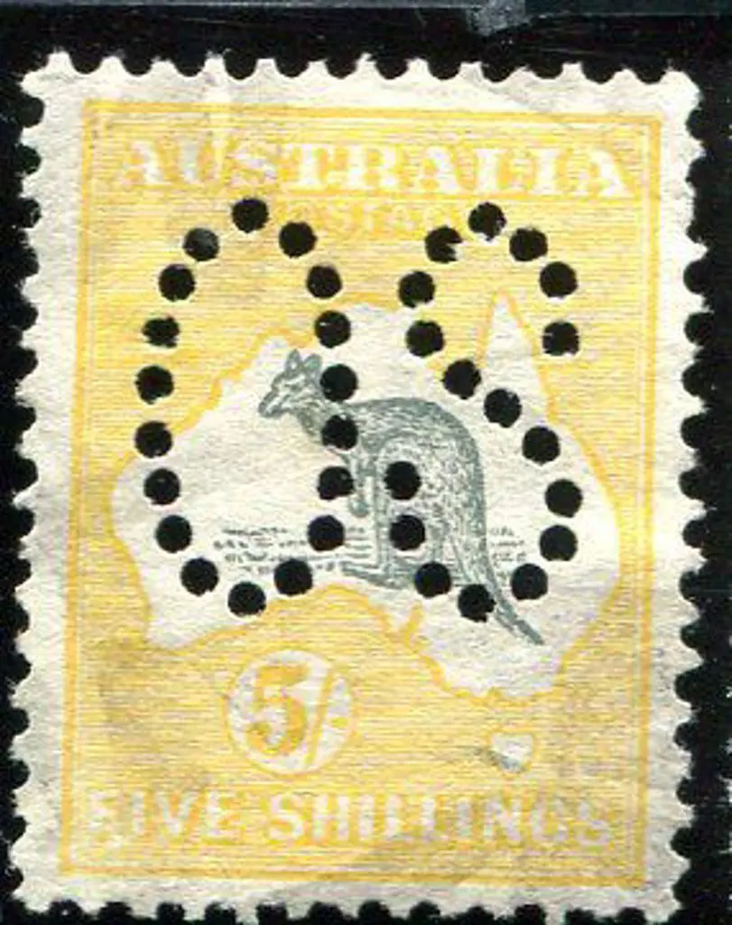 1913 5/- grey & yellow, 1st wmk kangaroo perfined ... Image 1++