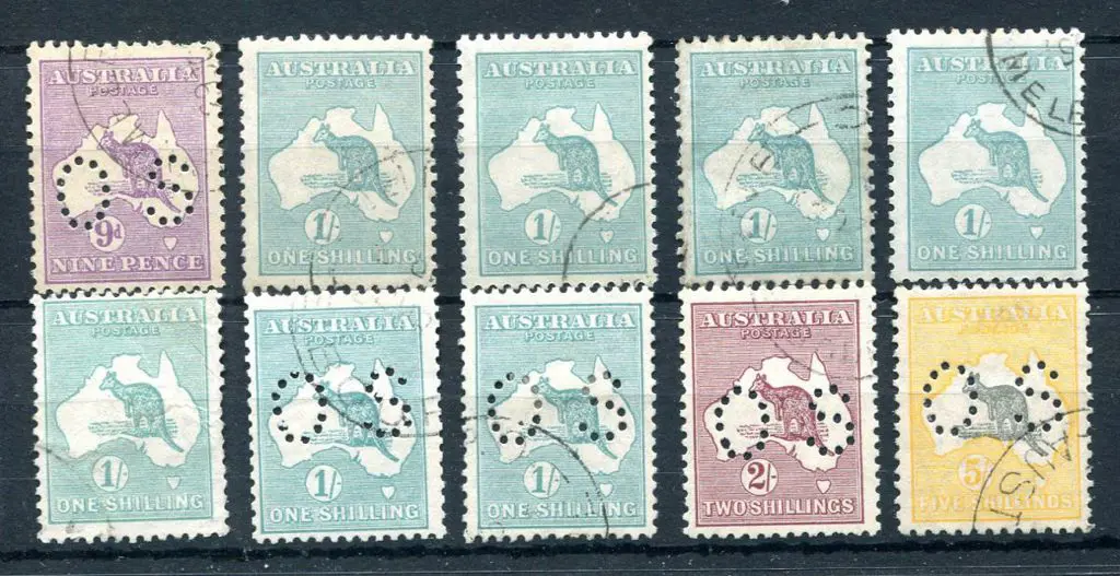 1929/30 9d violet kangaroo, SMW perfined "OS", 5/- ... Image 1++