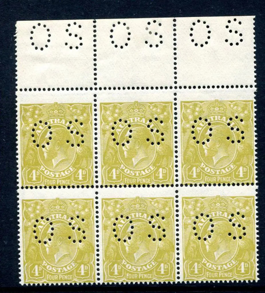 1924 4d olive KGV single wmk block of 6 with top ... Image 1++