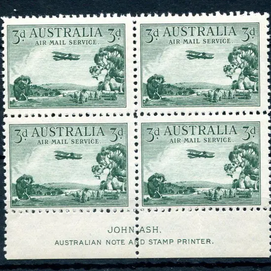 1929 3d green Airmail, type A in John Ash imprint ...