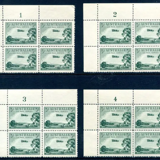 1929 3d green Airmail, type A set of 1-4 plate ...
