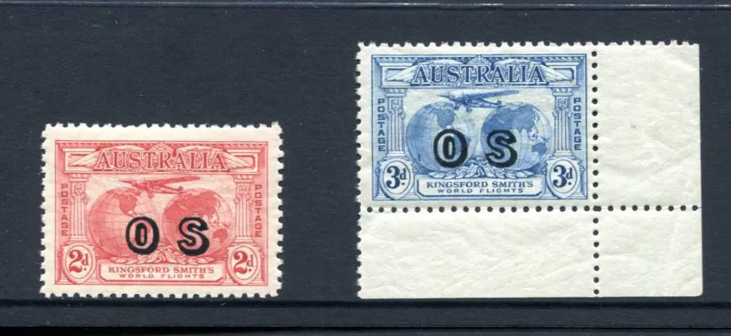 1931 2d & 3d Kingsford Smith ovptd "OS". MUH pair ... Image 1++