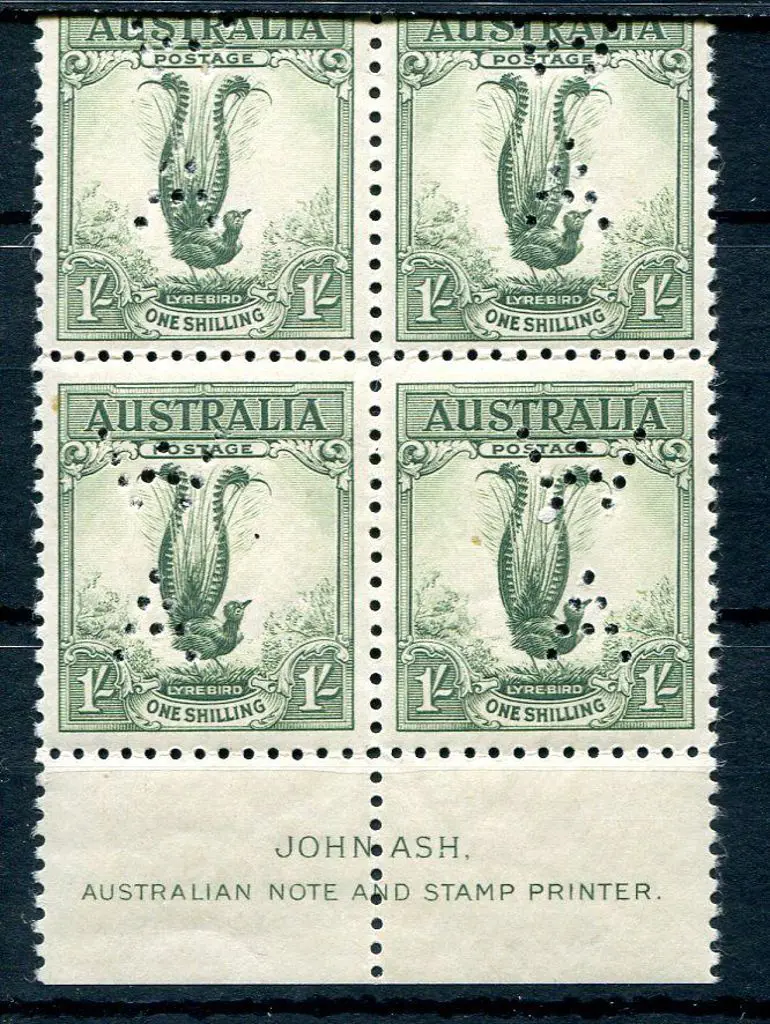 1932 1/- Lyrebird John Ash imprint block of 4 ... Image 1++