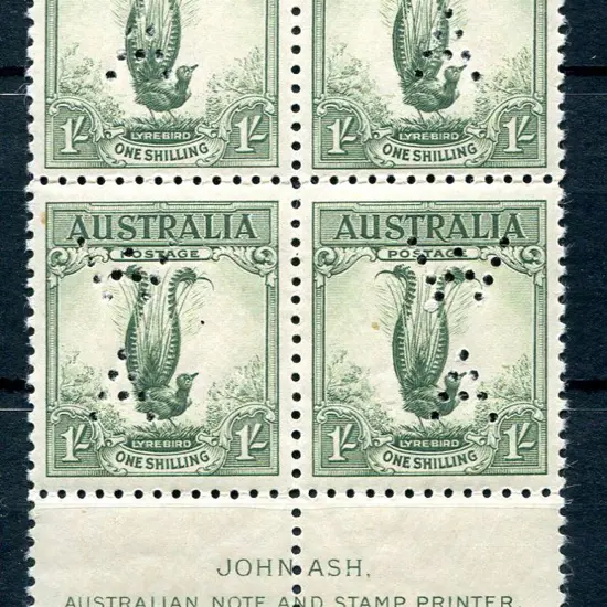 1932 1/- Lyrebird John Ash imprint block of 4 ...