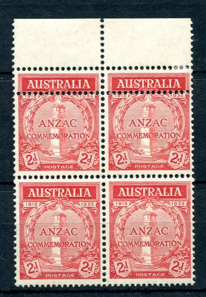 1935 2d Anzac top selvedge block of 4 with double ... Image 1++