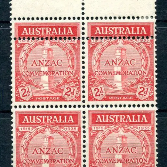 1935 2d Anzac top selvedge block of 4 with double ...