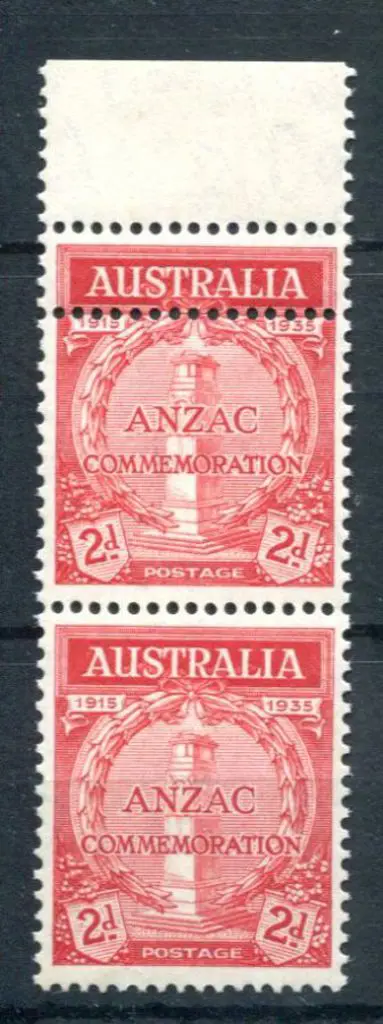 1935 2d Anzac vert pair with top unit displaying ... Image 1++