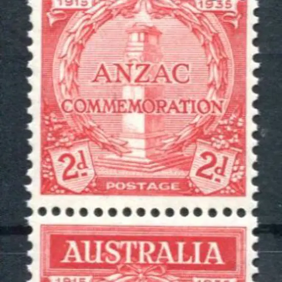 1935 2d Anzac vert pair with top unit displaying ...