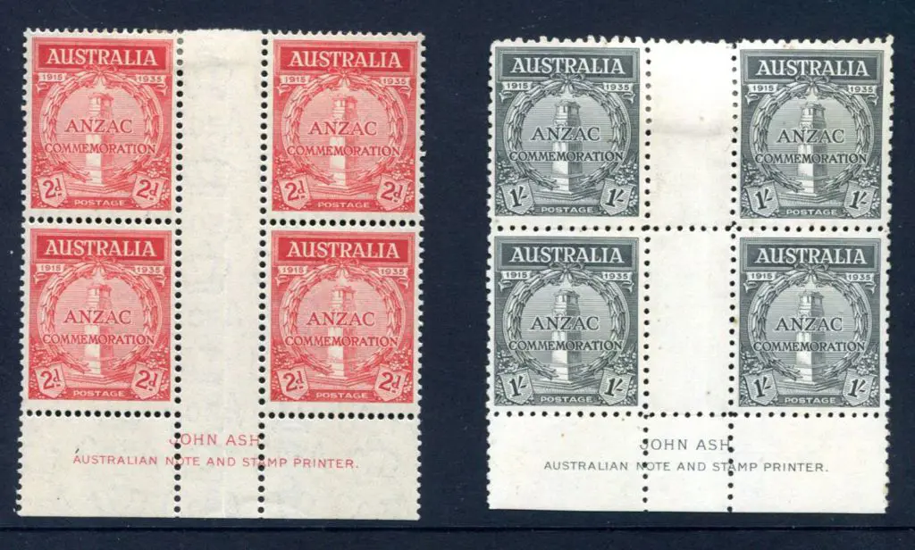1935 2d & 1/- Anzacs in Ash imprint blocks. MLH ... Image 1++