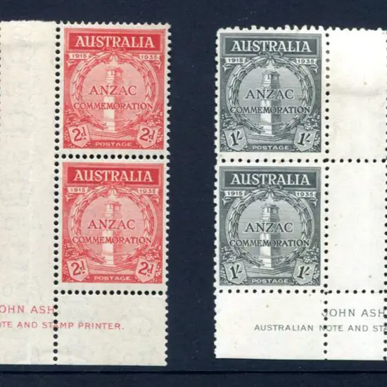 1935 2d & 1/- Anzacs in Ash imprint blocks. MLH ...