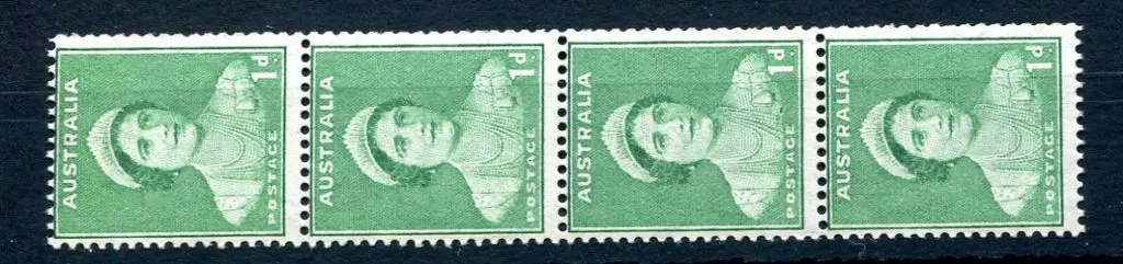 1938 1d green Queen Moth coil strip of 4. MUH. ... Image 1++