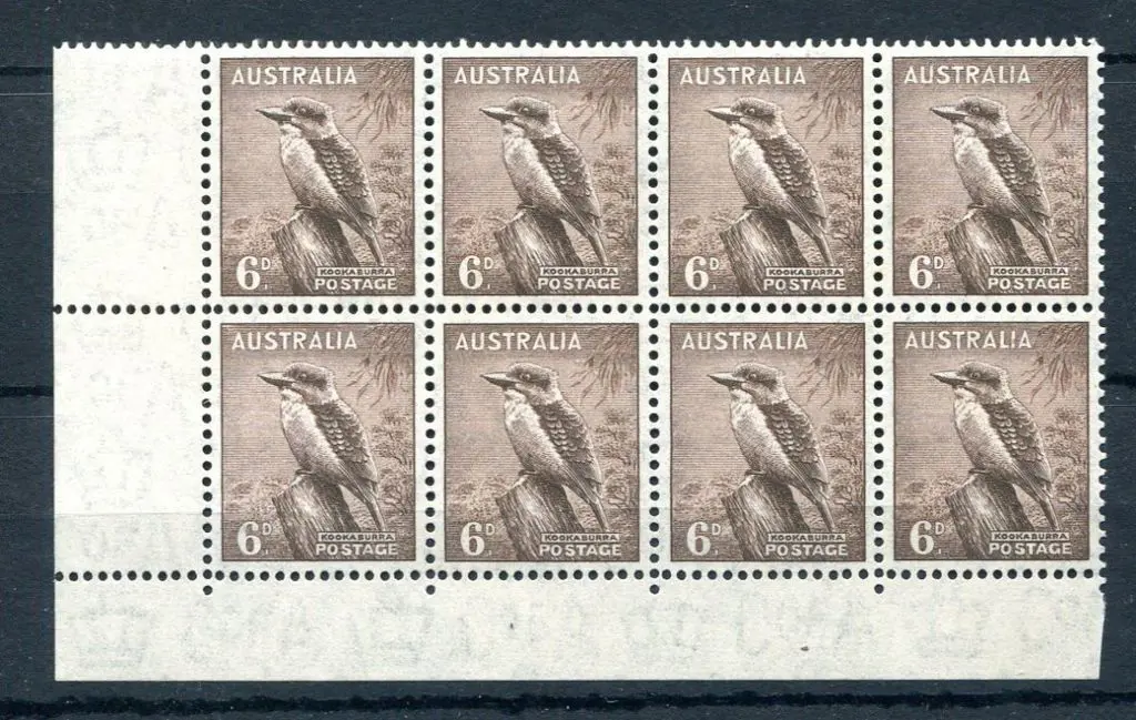 1942 6d kookaburra, perf 14.75 x 14, "No Imprint" ... Image 1++