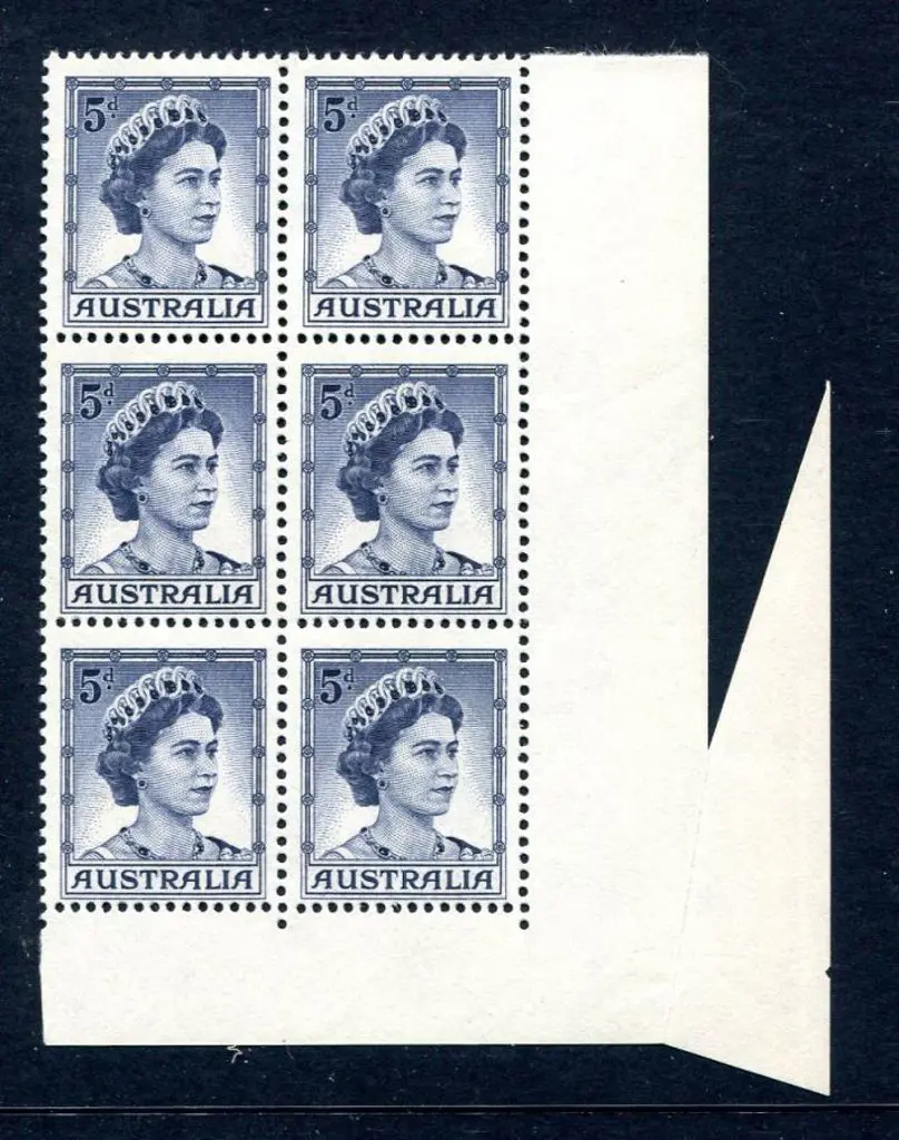 1959 5d blue QEII lower right selvedge block of 6 ... Image 1++